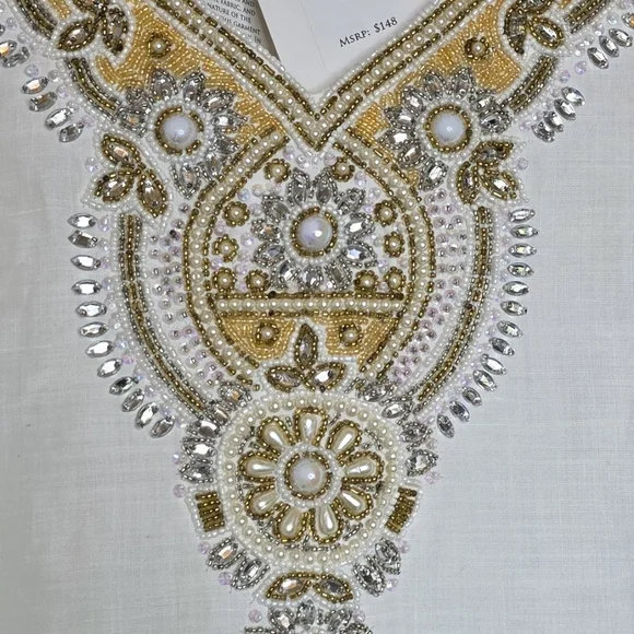 NEW Belle Mar Marena Sol White 100 %Linen Tunic Gold Pearl Beaded M - Picture 5 of 11